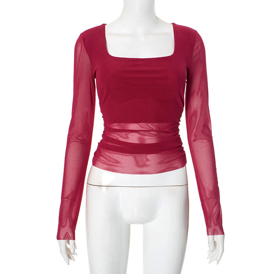 Damen Langarmoberteil mit gerafftem Design und elegantem Quadrat-Ausschnitt R&B