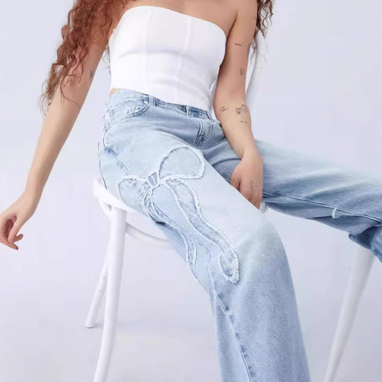 Damen weite High-Waist Denim-Jeans mit Distressed-Details R&B