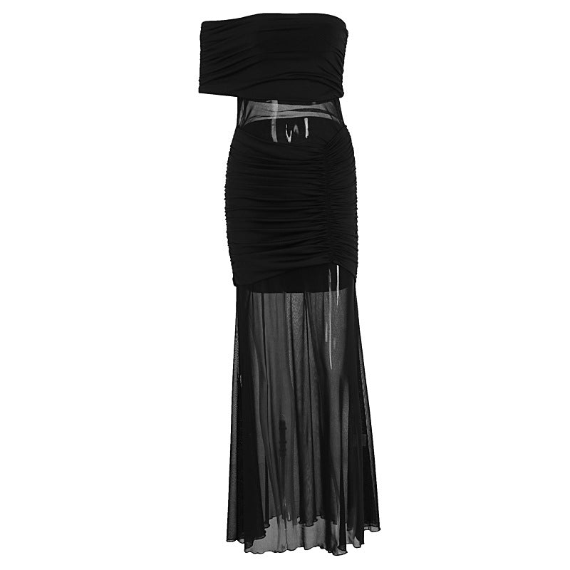 Damen Off-Shoulder Maxikleid mit transparenten Elemente und Raffung R&B