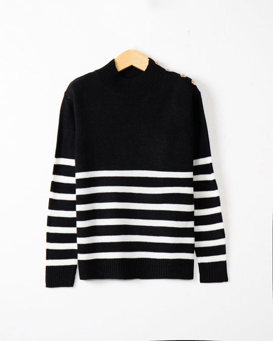 Damen modischer Strickpullover mit Streifenmuster und Knopfdetails R&B