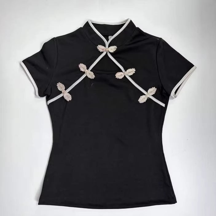 Damen Chinesisch inspirierte Bluse mit modernem Stehkragen und floralen Details R&B
