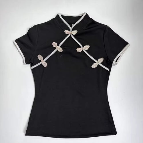 Damen Chinesisch inspirierte Bluse mit modernem Stehkragen und floralen Details R&B