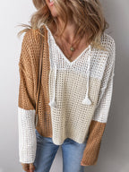 Damen luftiger Strickpullover mit modernem Netzstruktur-Design und dekorativen Kordeln