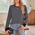 Damen bequemes Langarmshirt mit gestreiftem Design und Rundhalsausschnitt R&B