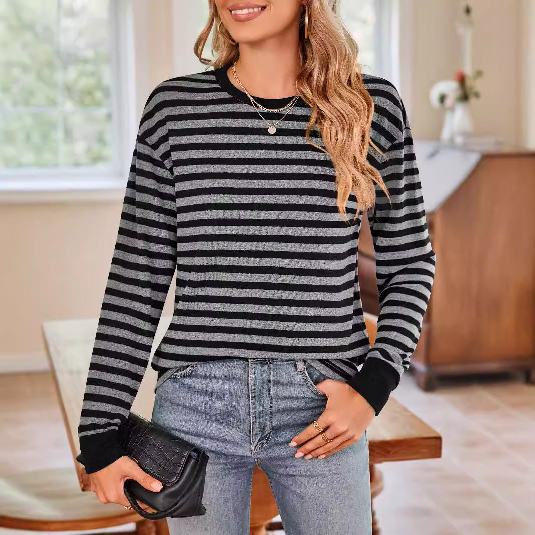 Damen bequemes Langarmshirt mit gestreiftem Design und Rundhalsausschnitt R&B