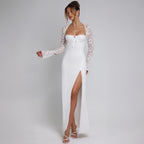 Damen Elegante Maxikleid mit transparenter Spitzenoberfläche und seitlichem Schlitz R&B
