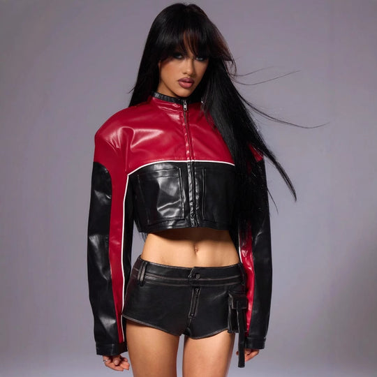 Damen cropped Bikerjacke mit kontrastierenden Ärmeln R&B