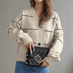 Damen lässige Strickjacke mit praktischen Taschen und modischen Kontraststreifen R&B