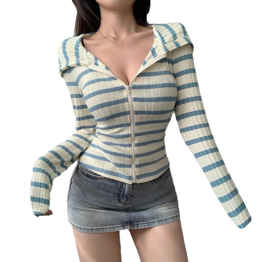 Damen Figurbetontes Langarmshirt mit Reißverschluss R&B