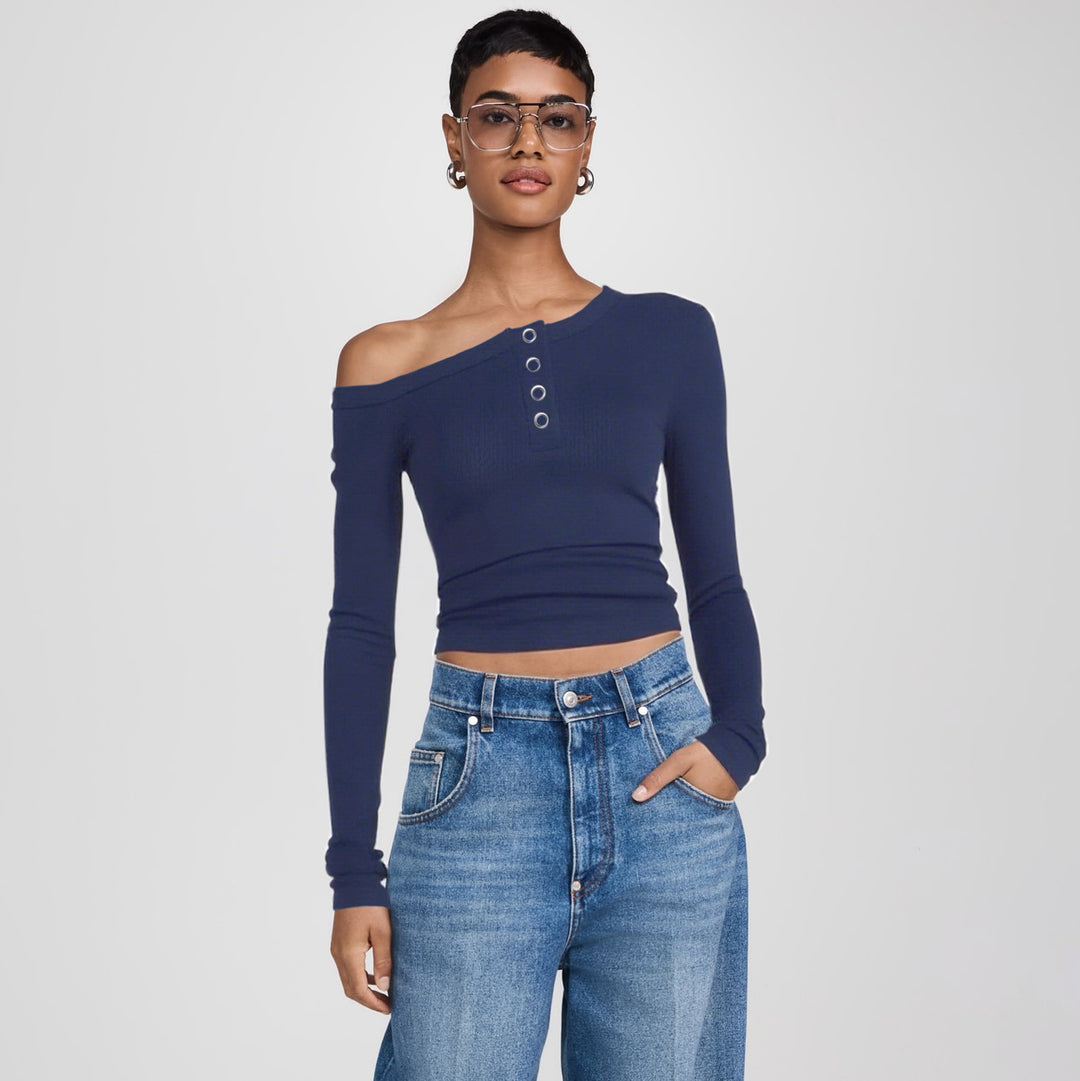 Damen asymmetrisches Langarmshirt mit Knopfleiste und figurbetontem Schnitt R&B