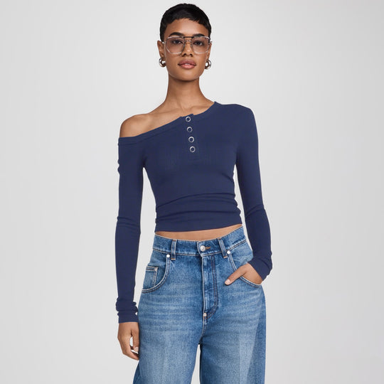 Damen asymmetrisches Langarmshirt mit Knopfleiste und figurbetontem Schnitt R&B