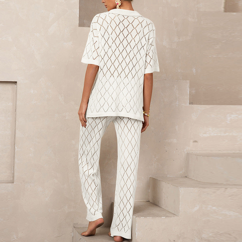 Damen elegantes Strickanzug mit modischem Rautenmuster und lockerer Passform R&B
