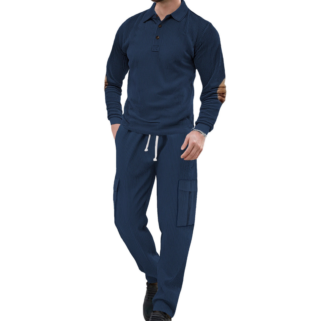 Herren nan geripptes Lounge-Set mit Polokragen Ellenbogenpatches und Cargohose R&B