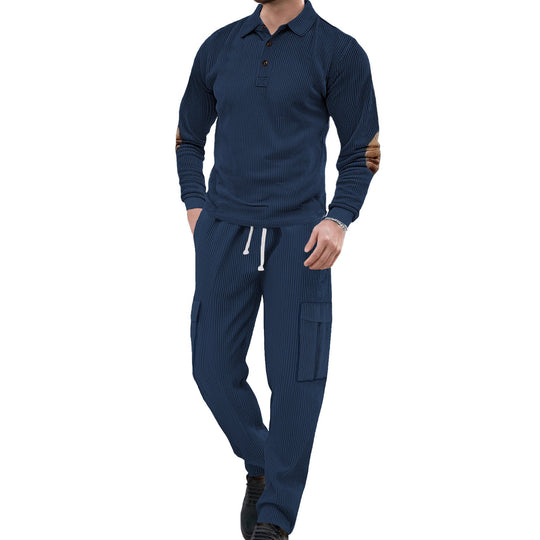 Herren nan geripptes Lounge-Set mit Polokragen Ellenbogenpatches und Cargohose R&B