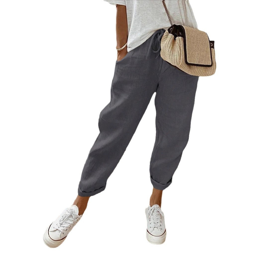 Damen Lässige Leinen-Hose mit elastischem Bund und praktischen Taschen R&B