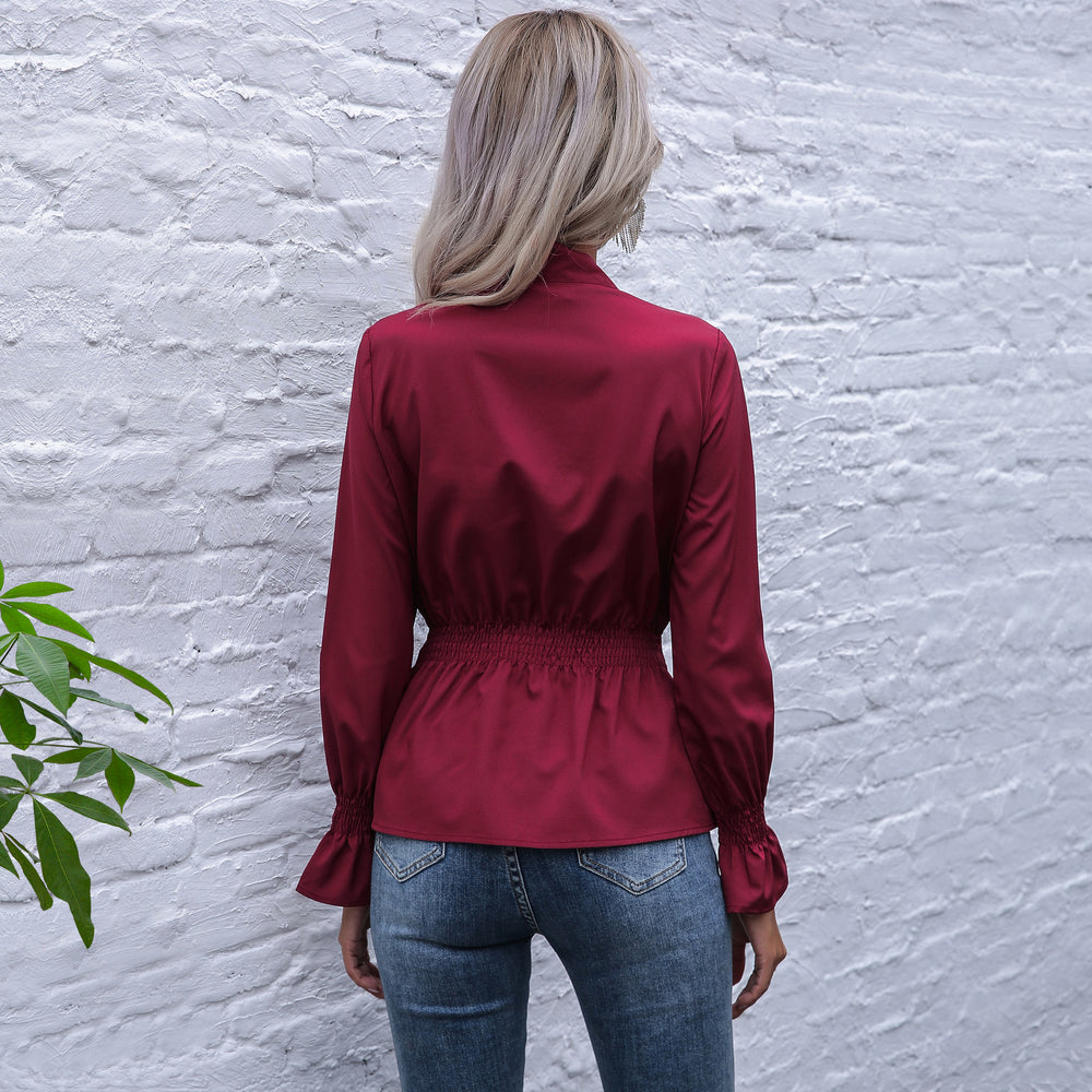 Damen elegante Bluse mit Schleifen-Ausschnitt und elastischem Bund R&B