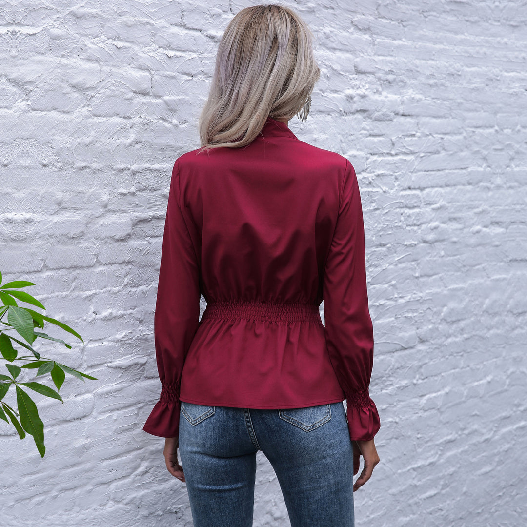 Damen elegante Bluse mit Schleifen-Ausschnitt und elastischem Bund R&B