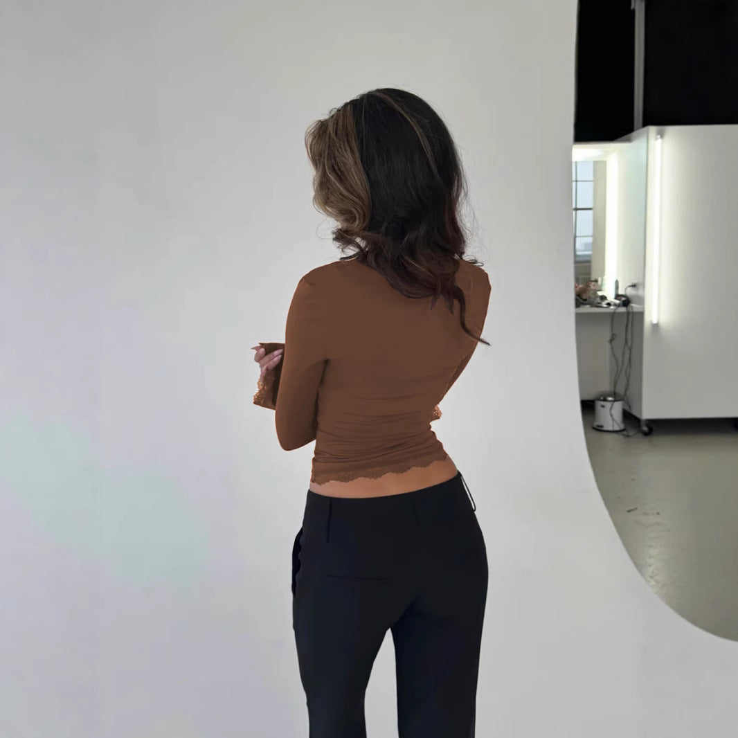 Damen Elegantes Langarmoberteil mit Spitzenkante und figurbetontem Schnitt R&B