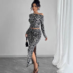 Damen Off-Shoulder Kombination mit Leopardenmuster und hohem Schlitz R&B