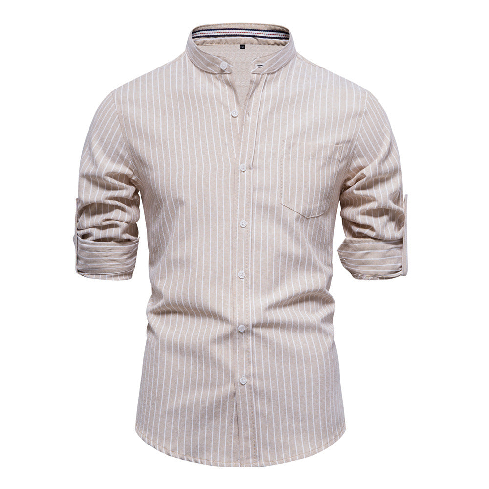Herren gestreiftes Hemd im modischen Henley-Stil mit Brusttasche und rollbaren Ärmeln