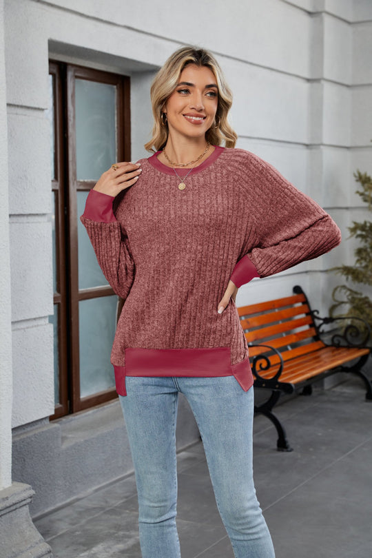 Damen lässiger Pullover mit kontrastierenden Ärmelabschlüssen und einzigartiger Textur R&B
