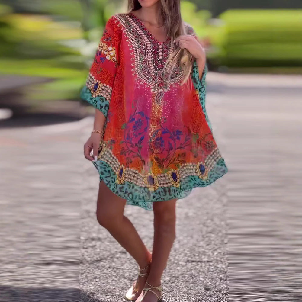 Damen nan kurzes Tunika-Kaftan mit verziertem V-Ausschnitt und floral-animalischer Bordüre R&B