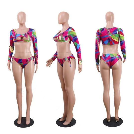 Damen Bikini-Set mit langärmeligen Oberteil und ausgefallenem Muster R&B