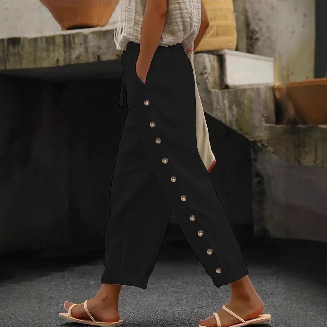 Damen Modische Palazzo-Hose mit Knopfdetails und elastischem Bund R&B
