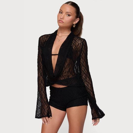 Damen Transparente Spitze Bluse mit tiefem V-Ausschnitt und weit ausgestellten Ärmeln R&B