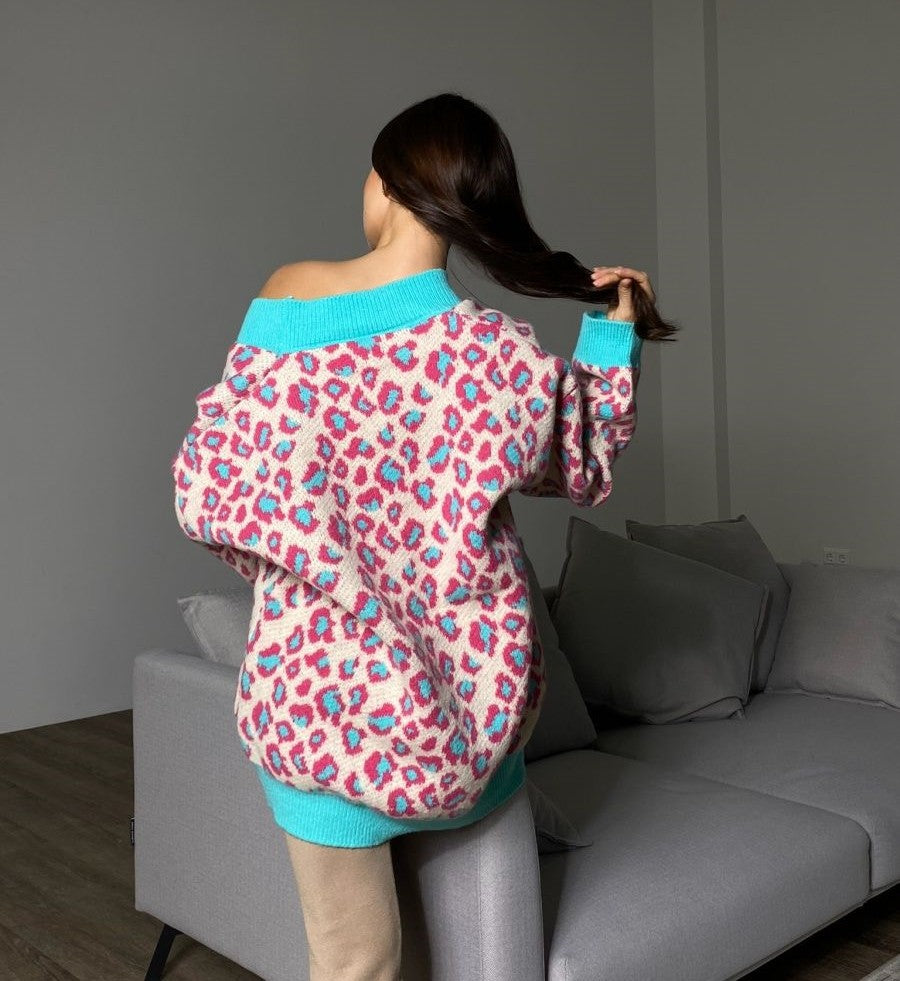 Damen Oversized Pullover mit Schulterdesign und lR&Bhaftem Leopardenmuster R&B