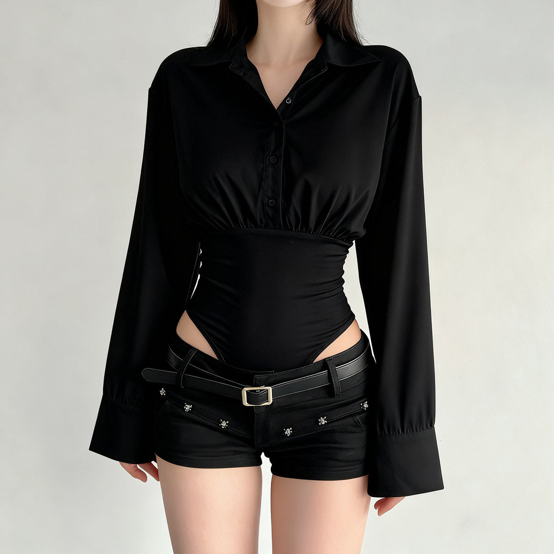 Damen eleganter Bodysuit mit feinem Kragen und Knopfdetails R&B