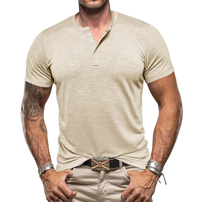 Herren Kurzarm-Henley-T-Shirt aus atmungsaktivem Baumwollmix mit modernem Schnitt R&B