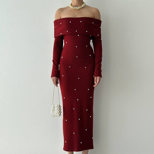 Damen schulterfreies Maxikleid mit eleganter Perlenverzierung und figurbetontem Schnitt R&B