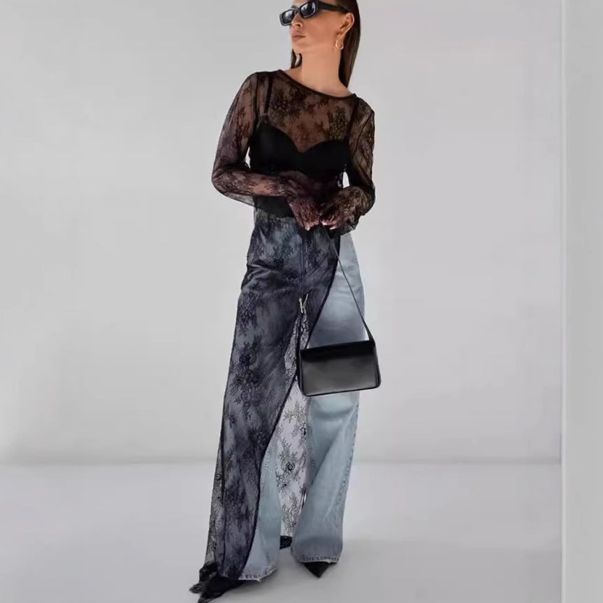 Damen transparente Spitzenbluse mit langen Ärmeln und lässigem Rückenausschnitt R&B