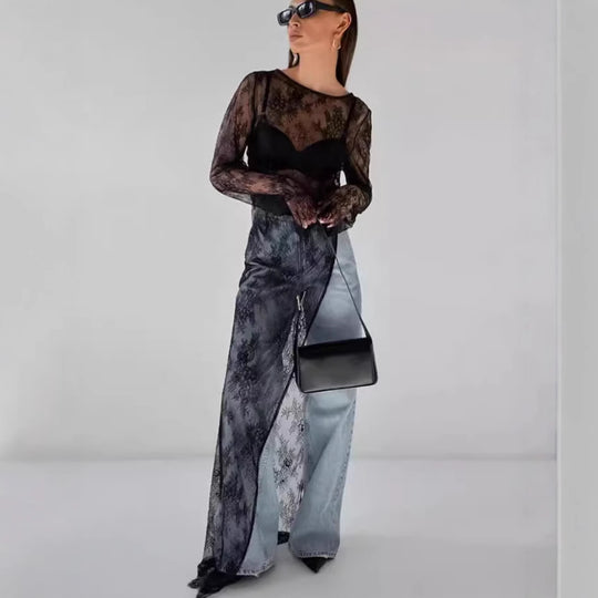 Damen transparente Spitzenbluse mit langen Ärmeln und lässigem Rückenausschnitt R&B