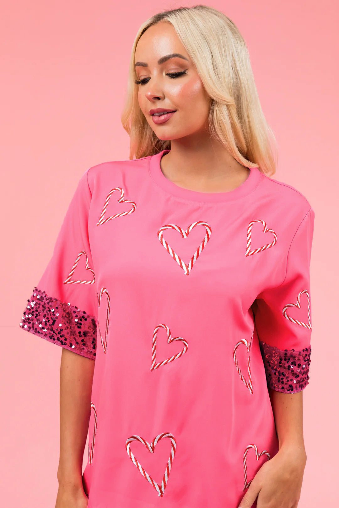 Damen Relaxed Fit T-Shirt mit Glitzerärmeln und Herzmotiv R&B