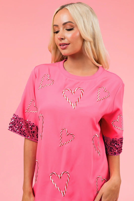 Damen Oversized T-Shirt mit Glitzer-Ärmeln und Herz-Muster R&B