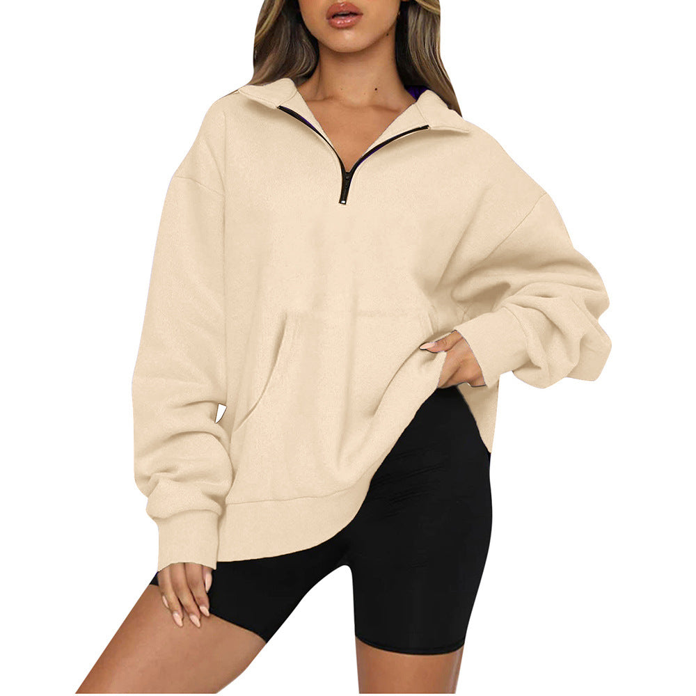 Damen Oversized Sweatshirt mit halbem Reißverschluss und Kapuze R&B