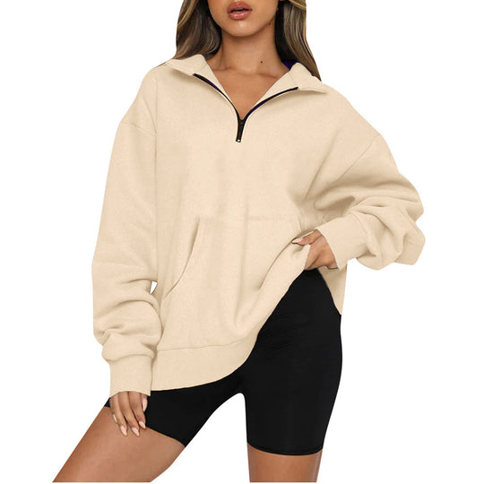 Damen Oversized Sweatshirt mit halbem Reißverschluss und Kapuze R&B