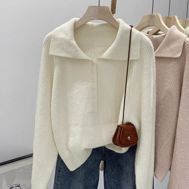 Damen Strickpullover mit Kragen und Knopfleiste