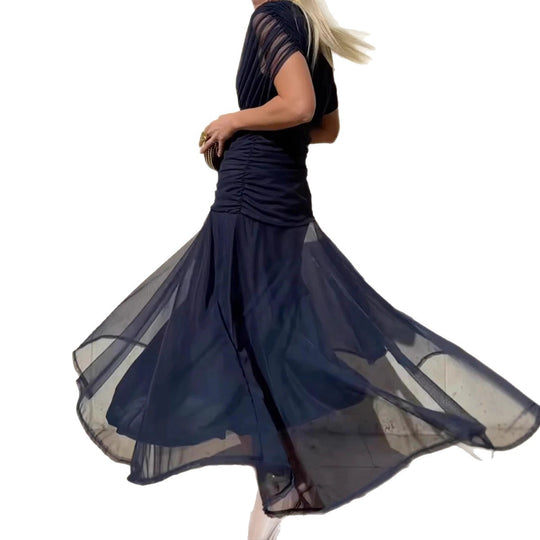 Damen nan elegantes bodenlanges Abendkleid mit drapierter Schulterpartie und luftiger Chiffon-Rock R&B