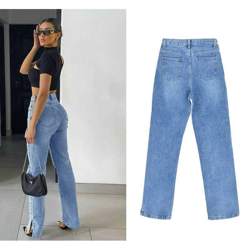 Damen lässige Ripped Jeans mit hoher Taille und modernen Fransen R&B