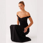 Damen Abendkleid mit Off-Shoulder-Design und elegantem Punktmuster R&B