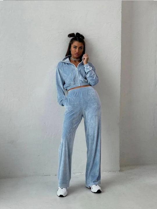 Damen Freizeit-Loungewear-Set aus samtigem Material mit hohem Kragen und Reißverschluss R&B