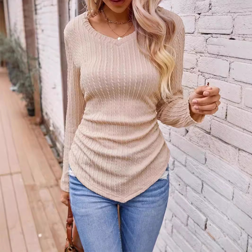 Damen Langarmshirt mit V-Ausschnitt und Rippstruktur