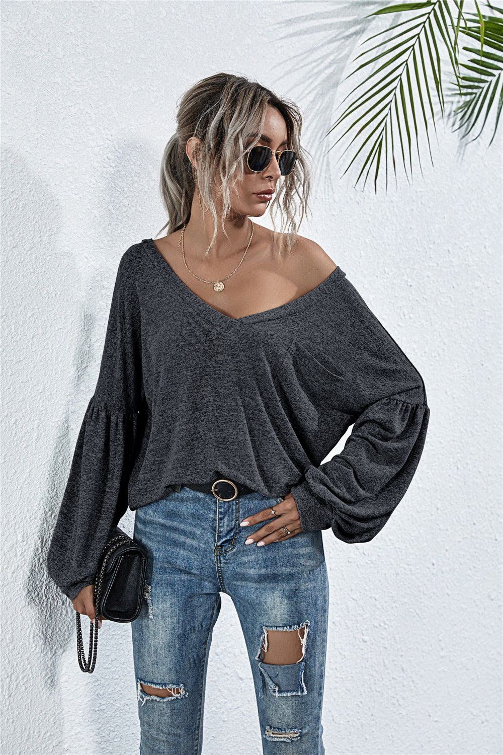 Damen Off-Shoulder Bluse mit voluminösen Ärmeln und modernem Schnitt R&B