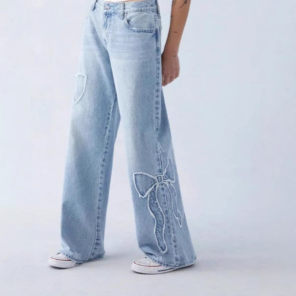 Damen weite High-Waist Denim-Jeans mit Distressed-Details R&B