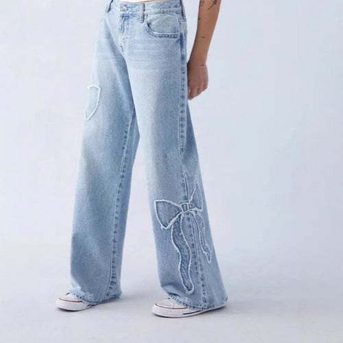 Damen weite High-Waist Denim-Jeans mit Distressed-Details R&B