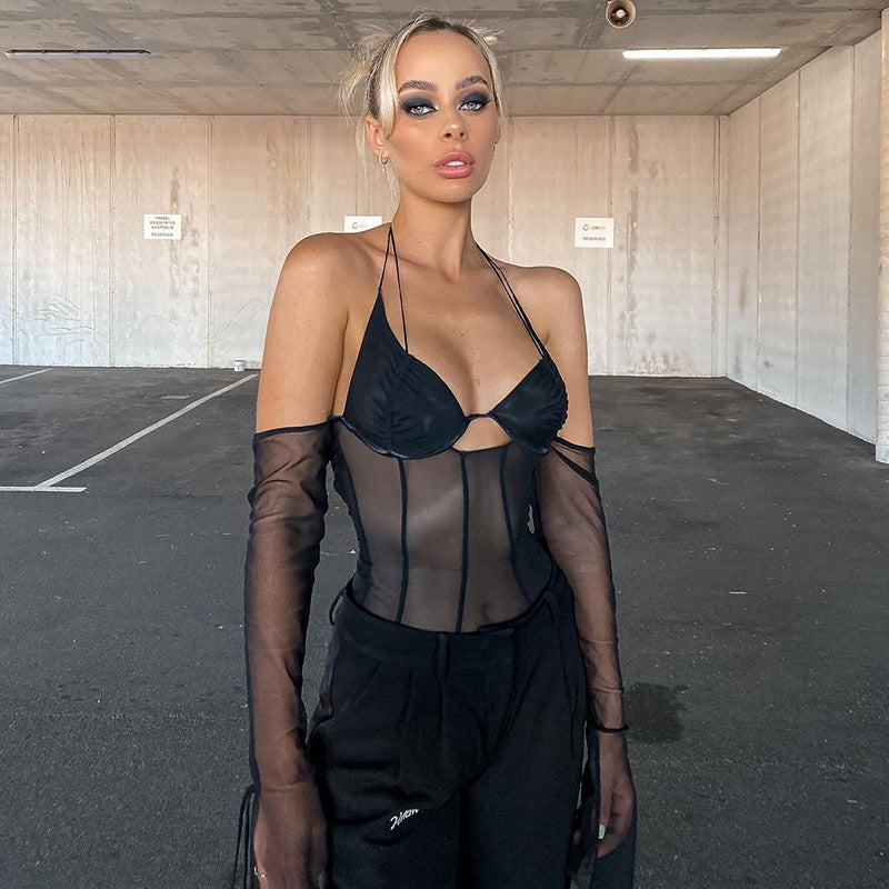Damen transparentes Oberteil mit langen Ärmeln und Kreuzträgern R&B