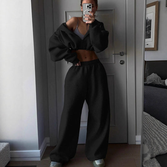 Damen Cropped Hoodie und lässige Sweatpants mit elastischem Bund R&B